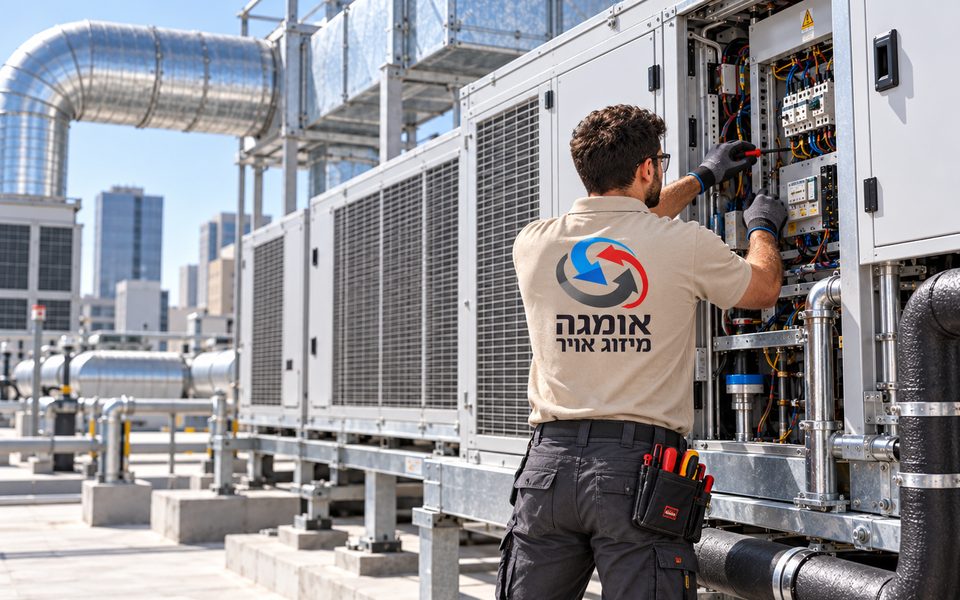 טכנאי בחולצת אומגה עובד בלוח הבקרה של מערכת מיזוג מרכזית על גג