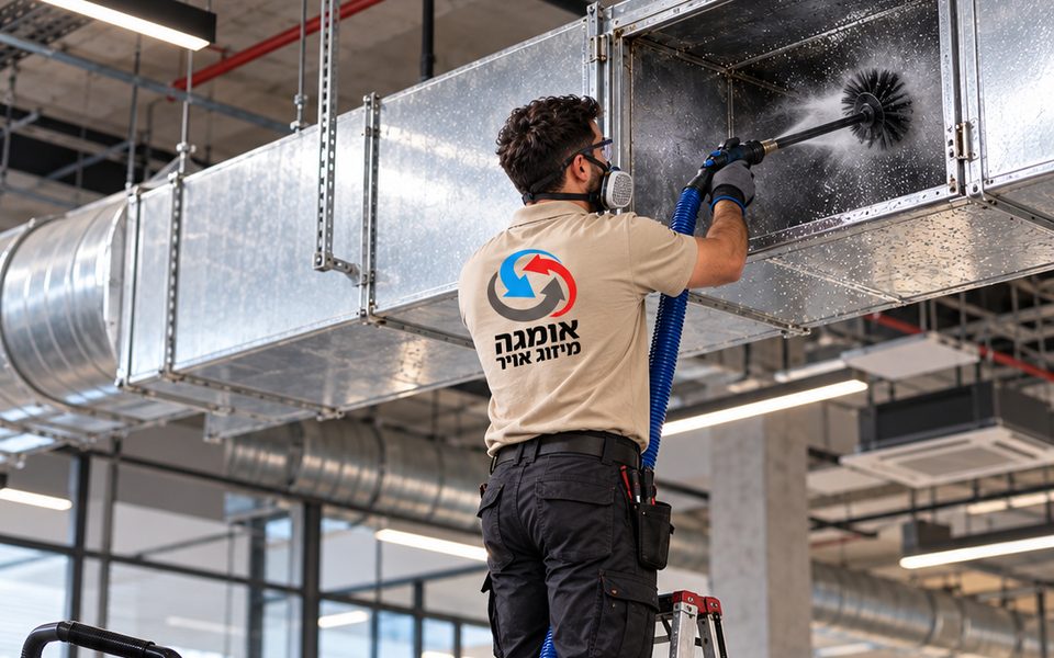 טכנאי בחולצת אומגה מנקה תעלת מיזוג במברשת סיבובית