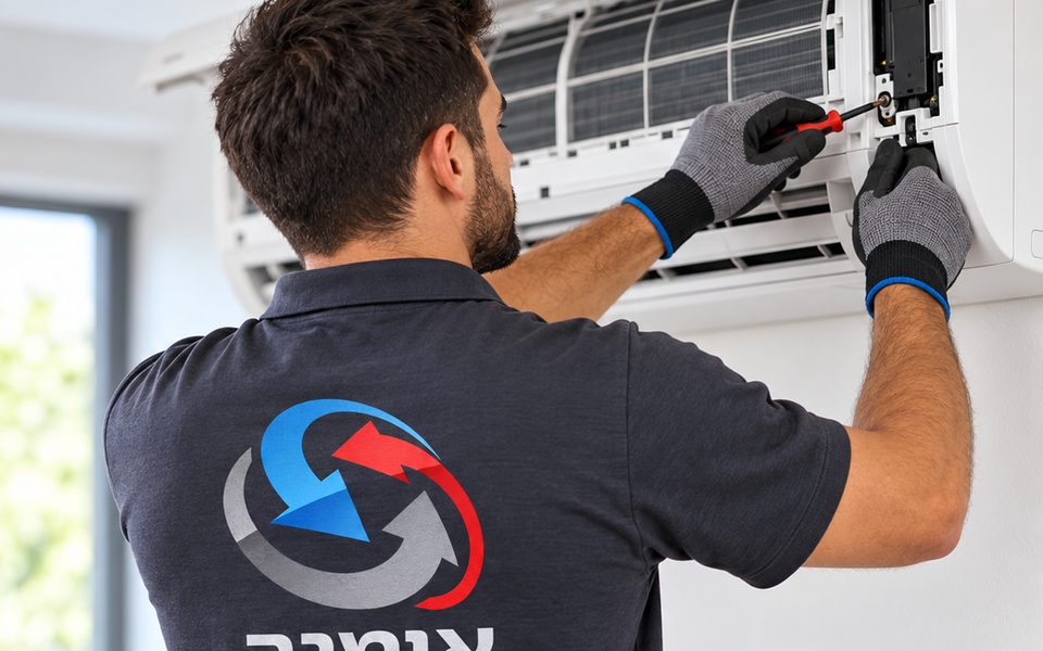 טכנאי בחולצת אומגה מטפל במזגן עילי